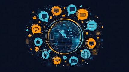 Global network communication, digital world, interconnectedness, technology, data exchange, information sharing, worldwide connection, online communication.