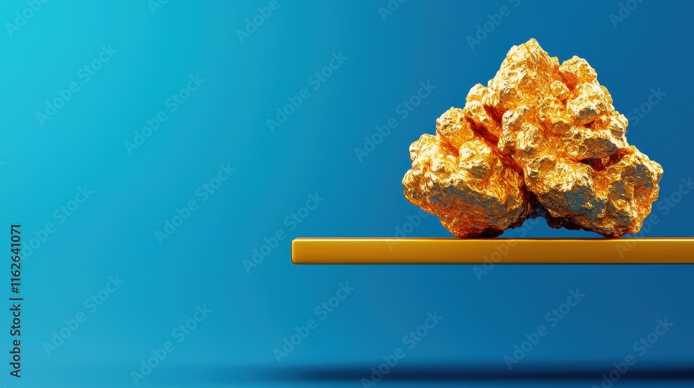Aufkleber shiny golden nugget displayed on a minimalist shelf against blue background