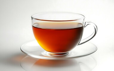 A steaming cup of tea in a clear glass mug on a saucer.