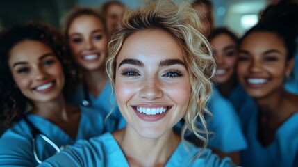 Fototapeta premium Group of smiling healthcare professionals in scrubs enjoying a moment together indoors