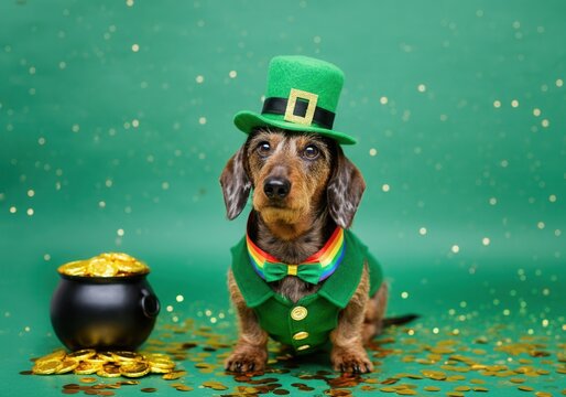 Dachshund dog wearing a leprechaun costume sits next to a pot of gold coins on a sparkling green background for st. Patrick's day