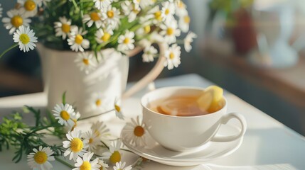 Cup of chamomile tea on white wooden table