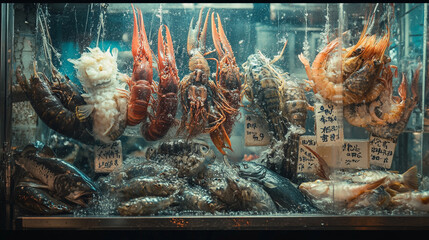 Fresh seafood display featuring live shellfish and fish at market in evening. 