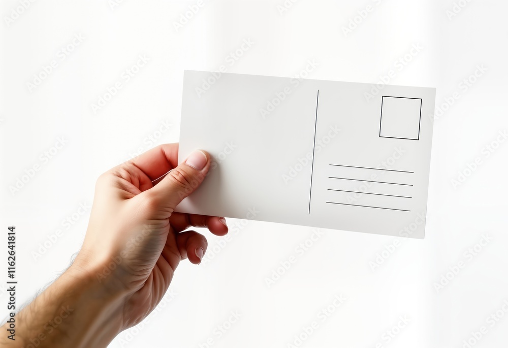 Poster hand holds blank postcard mockup. white background isolates design template. versatile postcard temp