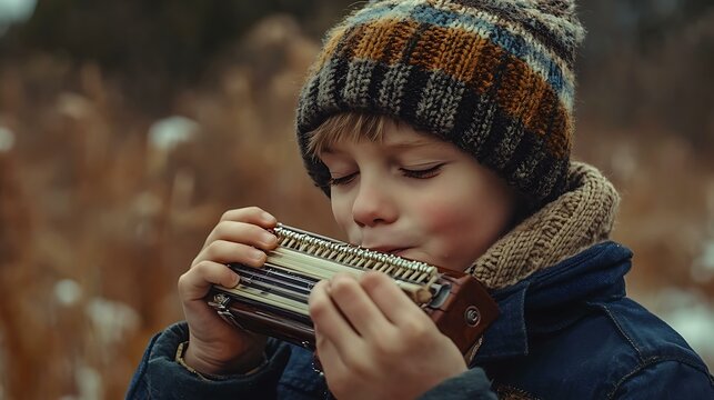 A boy playing a melody on a harmonica while outdoors
