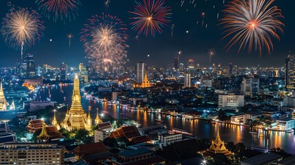 Obraz premium Stunning Night View of Bangkok with Vibrant Fireworks Illuminating the Sky Over Historical Temples and the Chao Phraya River in Thailand