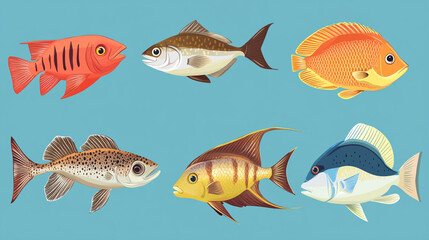 Naklejka premium Colorful illustration of various fish species in vibrant aquatic setting. 