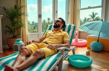 Man relaxes in indoor home setting during hot summer vacation. Wears yellow shirt, shorts. Beach...