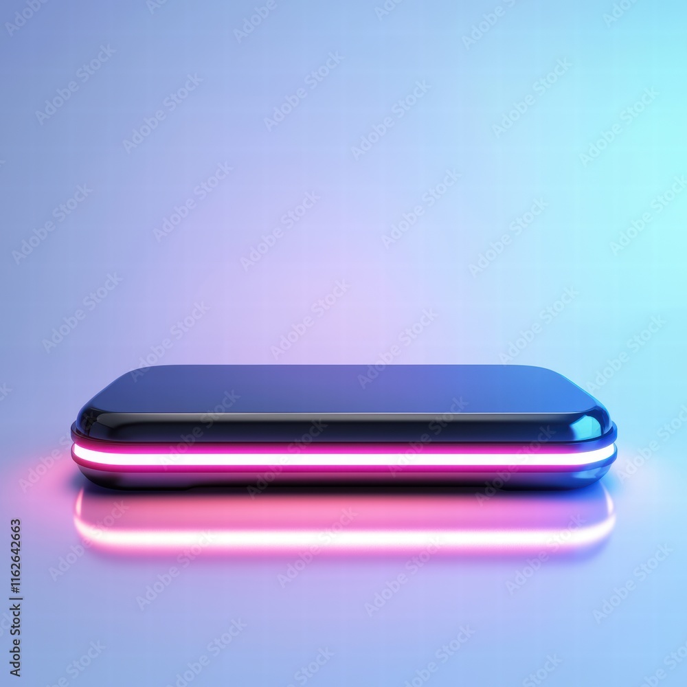 Poster futuristic glossy box with neon glow on abstract soft background