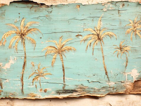 Golden Palm Trees on Weathered Teal Wood Background