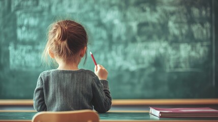 Unrecognizable young child engaged in artistic creativity while drawing at school during class on a green writing board, fostering learning and imagination