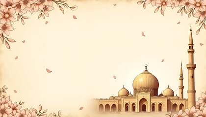 Elegant mosque silhouette surrounded by floral design and soft background with copy space, postcard