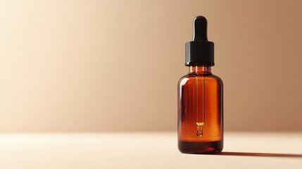 Dark amber dropper bottle with dropper on beige background showcasing minimalistic design