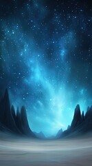 Fototapeta premium Surreal starry valley glowing under cosmic sky, this galactic desert scene evokes quiet awe through dreamy terrain, perfect for surreal starry valley visuals and cosmic fantasy design.