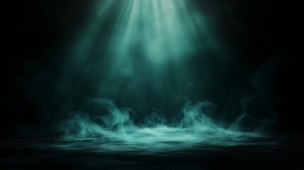 Volumetric light filters through layers of mist, evoking a dreamlike atmosphere where shadows dance