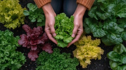 Hands holding fresh lettuce among vibrant various greens in a garden setting