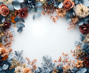 Dusty blue and terracotta floral frame on white background.