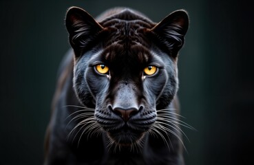 Black panther stares intensely against dark background. Close-up portrait wild cat fierce gaze,...