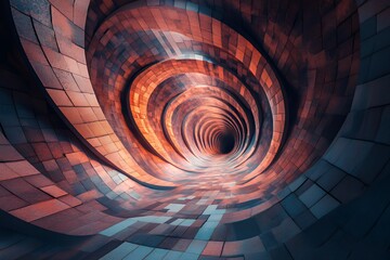 Abstract swirling copper and blue tiled tunnel