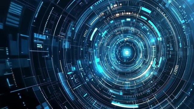 Futuristic digital data tunnel: rotating holographic lights and dynamic technological patterns
