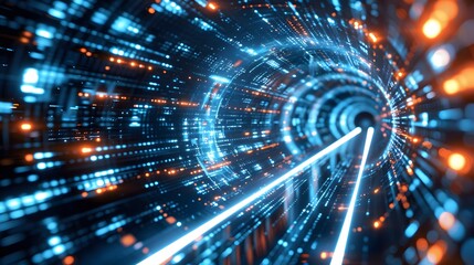 Obraz premium Futuristic digital tunnel with glowing networks, bright lights, and perspective lines creating a mesmerizing sense of speed and technological advancement in a sci-fi atmosphere
