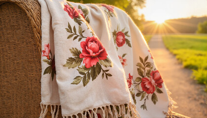 Floral blanket draped on wicker chair at sunset, International Women's Day March 8, Spring Wardrobe 