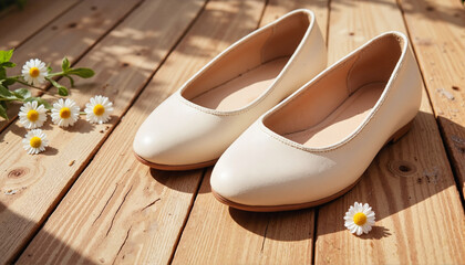 Elegant white flats on wooden floor with daisies, Spring Wardrobe 