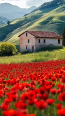 Beautiful stone house surrounded by vibrant red flowers in lush green landscape