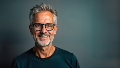 Obraz premium Smiling man with glasses looks directly at camera. Gray hair, short gray beard. Wears casual dark teal shirt. Studio photo against muted gray background. Portrait of happy mature man. Friendly