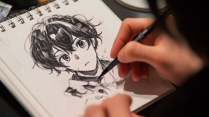 A teenager practicing sketching anime characters in a notebook