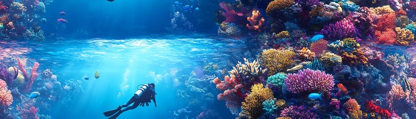 Diver explores vibrant coral reef teeming with marine life.  Stunning underwater scene, perfect for travel or nature documentaries.