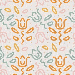 Seamless Ethnic Bold Outline Tulip Flower. Muted Grayish Color Floral Tulip Pattern. Background Tulip Illustration Fabric Motif. 