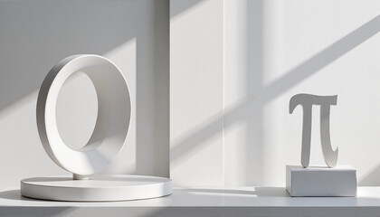 Modern white geometric shapes on minimalistic background, Pi Day theme