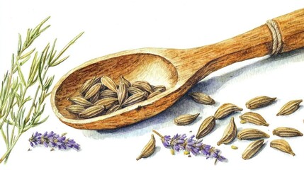 Wooden Spoon Caraway Seeds Lavender Herbs Still Life Watercolor Painting