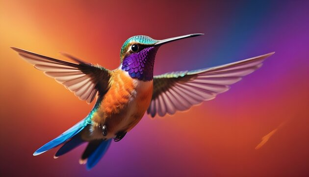 Un colorido colibr&iacute; con vibrantes plumas azules, moradas y naranjas flotando en el aire sobre un fondo borroso