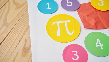Colorful math symbols on wooden background, Pi Day theme