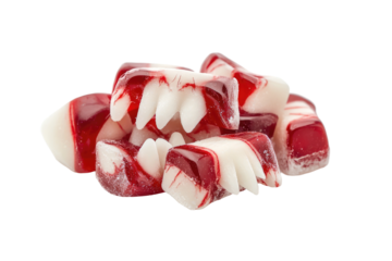Vampire fang candies on transparent png background red and white sweet treats for halloween theme
