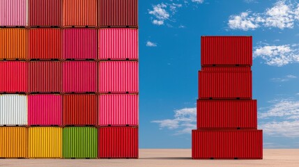 Fototapeta premium Colorful Shipping Containers Stacked in Bright Desert Environment