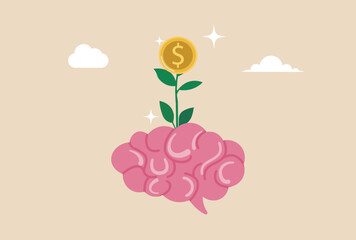 Money attitude, investing mindset, financial knowledge, wealth inspiration, investment brain, wisdom for profit, rich growth concept, brain with seedling growing into a money dollar coin