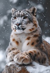 Fototapeta premium Majestic snow leopard resting on a rock in snowy winter.