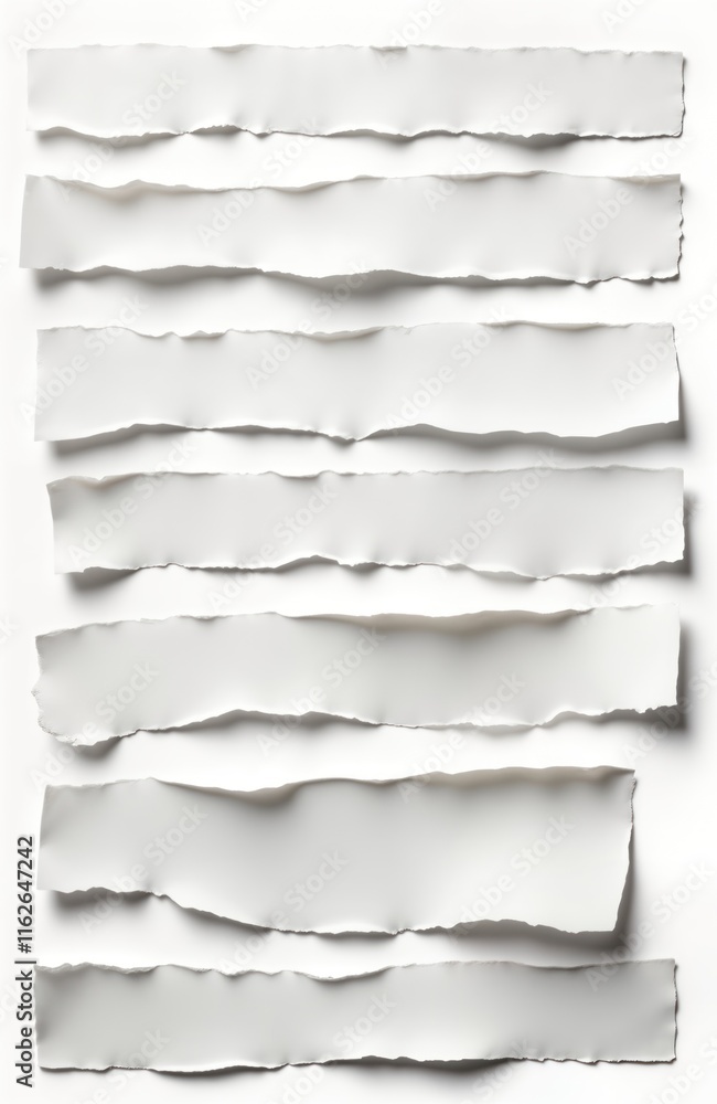 Aufkleber collection of ripped white paper pieces on transparent background. torn pieces arranged vertically. 