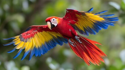 Scarlet macaw in flight, vibrant red, yellow, and blue feathers against a blurred green background.