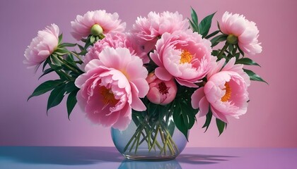 Un ramo de peonías rosas grandes y exuberantes con hojas verdes sobre un fondo rosa suave