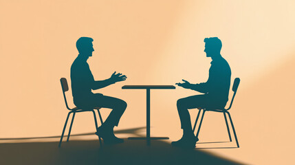 Silhouettes of two men sitting across a table gesturing and conversing against a warm beige background with soft shadows  
