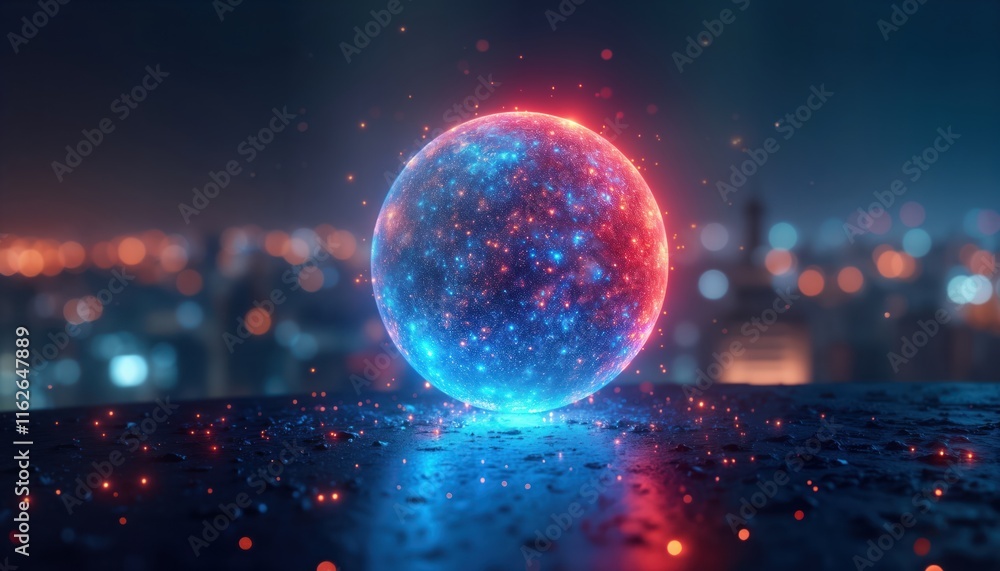 Poster glowing orb with vibrant blue, red lights floats in night. tiny particles sparkle around orb. blurre