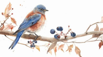 Fototapeta premium Watercolor painting of a bluebird sitting on a branch with berries 