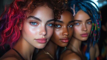 Diverse women with striking features posing closely together with natural lighting indoors
