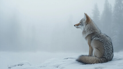 Obraz premium Coyote sitting quietly in a snowy landscape surrounded by foggy forest