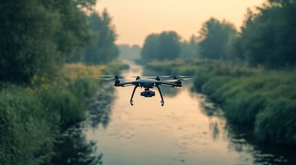 High-tech drone flying over scenic forest river view
