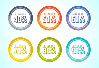 Product discount tag sticker set. Shopping discount label with 40, 50, 60, 70, 80, and 90 percent off
